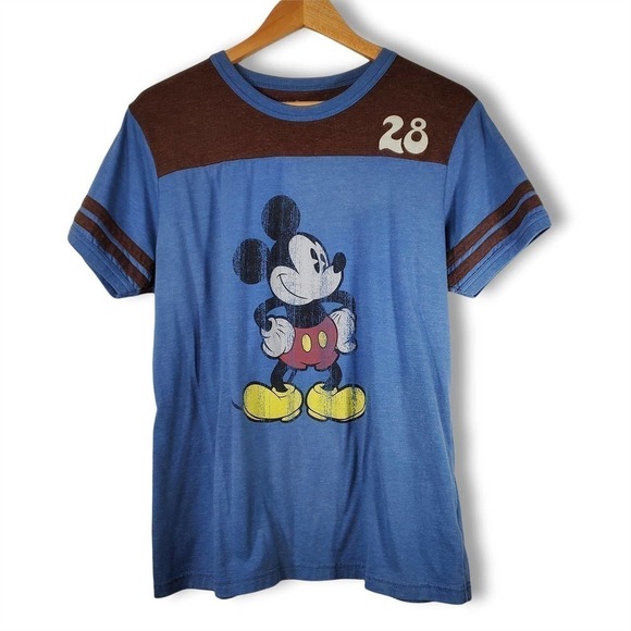 Vintage Walt Disney World Mickey Mouse Ringer Baseball Tee Blue Brown Size XL - Picture 1 of 11